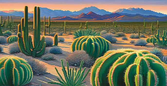 A tranquil desert landscape at twilight with peyote cacti in the foreground and distant mountains.