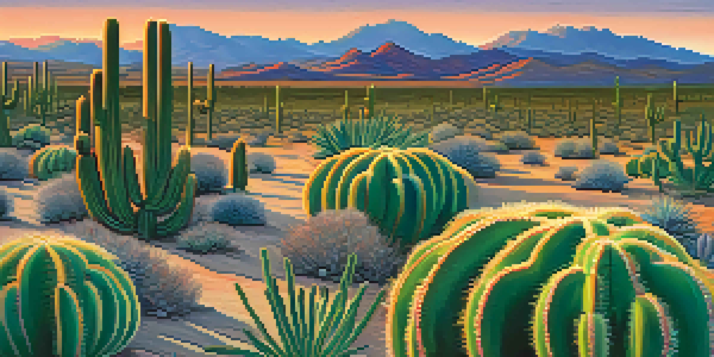 A tranquil desert landscape at twilight with peyote cacti in the foreground and distant mountains.