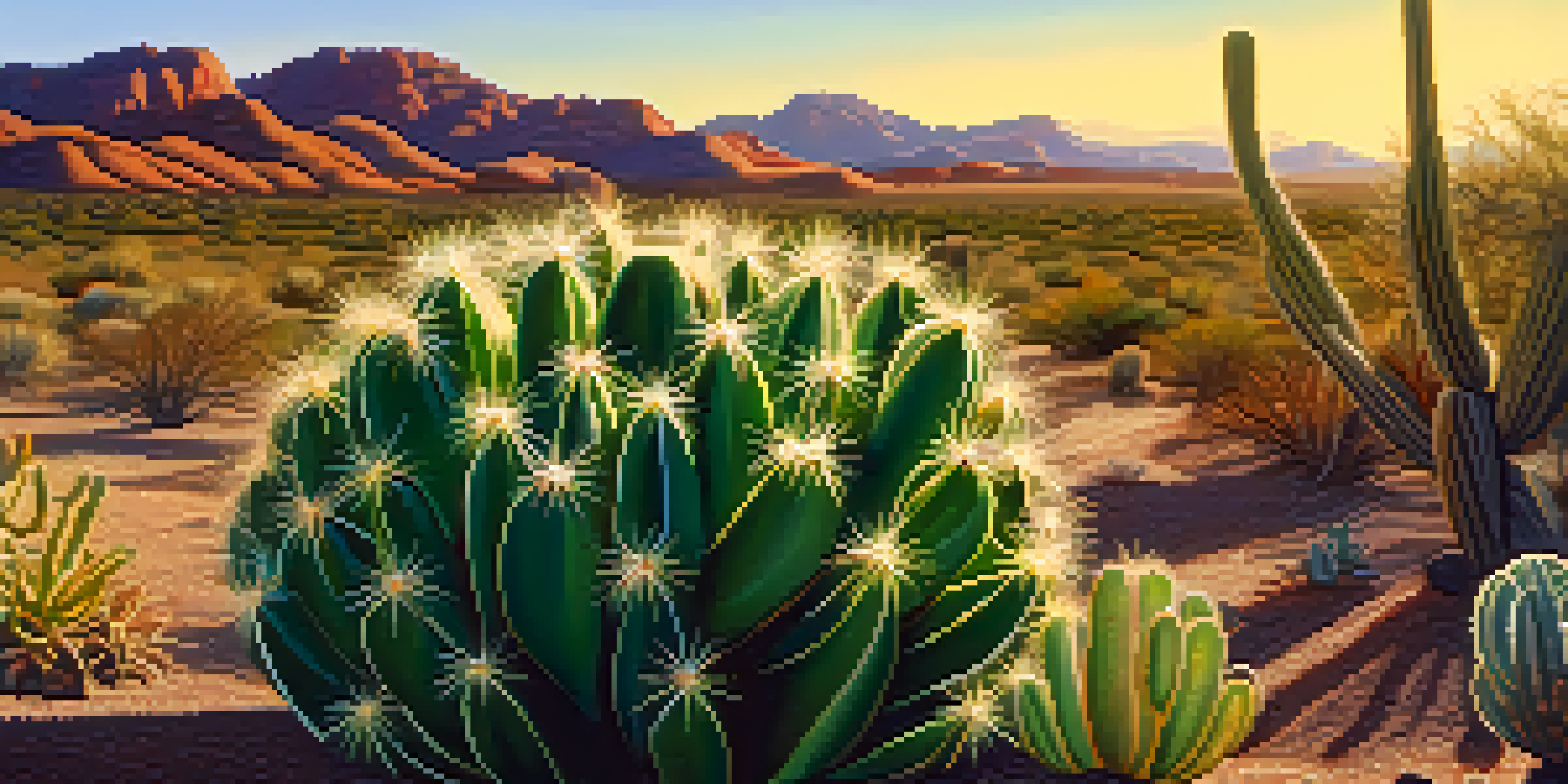 A close-up of a peyote cactus with vibrant green colors against a soft-focus desert landscape bathed in golden sunlight.