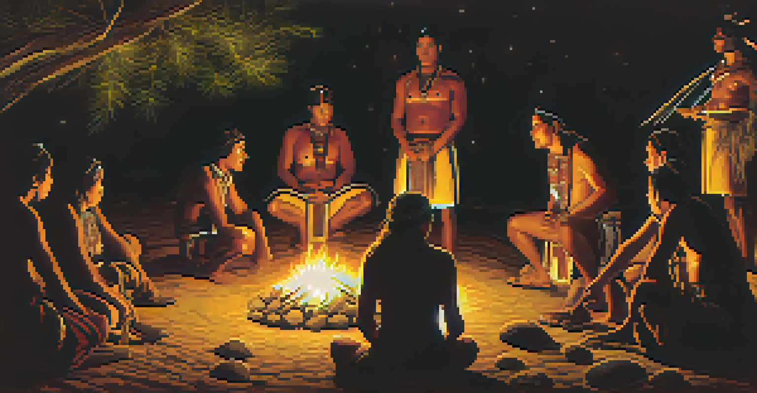 A night-time Indigenous ceremony with people gathered around a glowing fire, their faces softly lit, surrounded by nature.