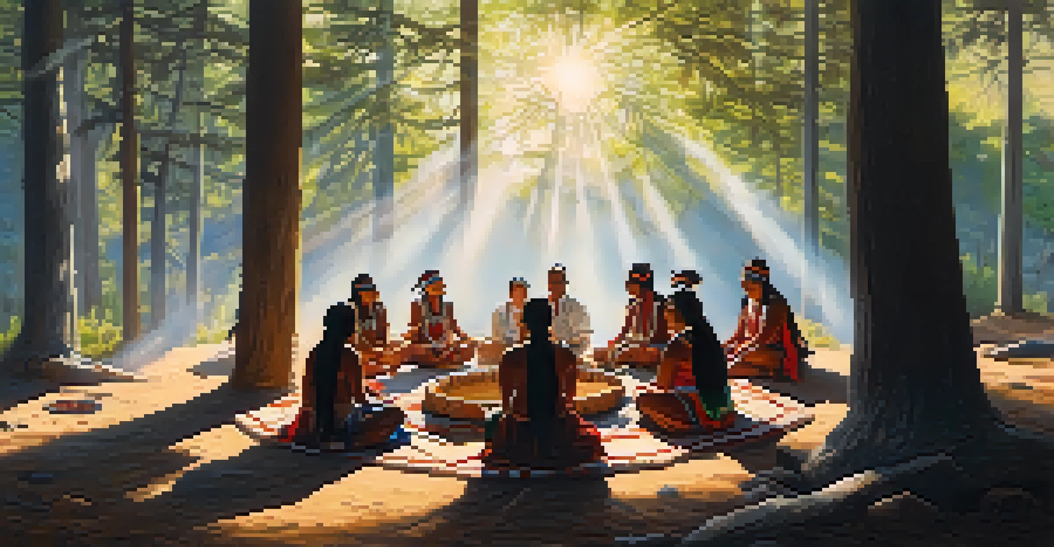 Indigenous individuals participating in a peyote ceremony in a natural setting with traditional elements.