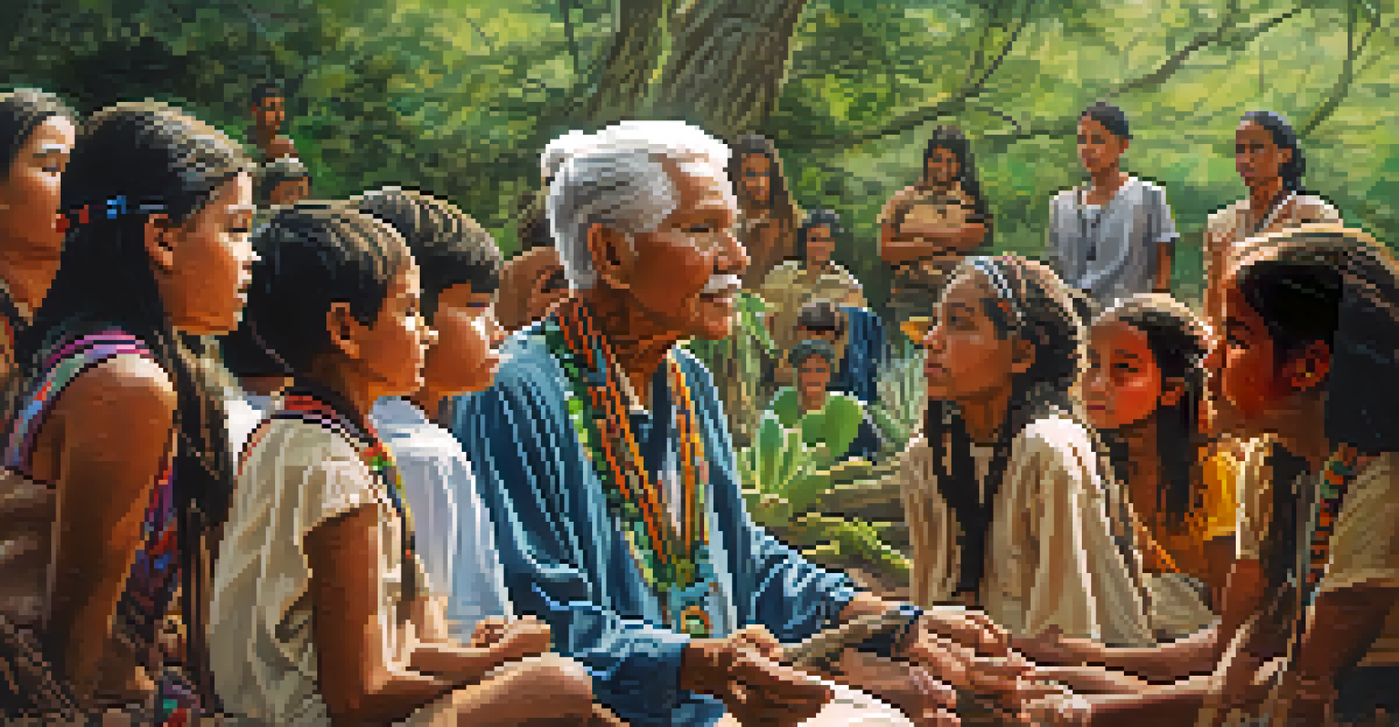 An elder teaching young individuals about peyote in a natural setting, surrounded by greenery, showcasing intergenerational wisdom.