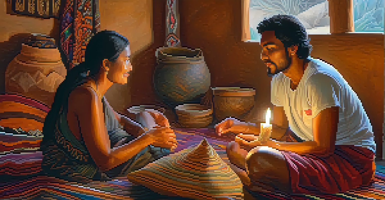 Two individuals sharing stories in a candle-lit room during a peyote journey, surrounded by cultural artifacts and vibrant textiles.