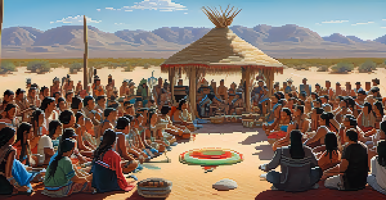 Indigenous people participating in a traditional ceremony with peyote, surrounded by cultural artifacts in a desert setting.