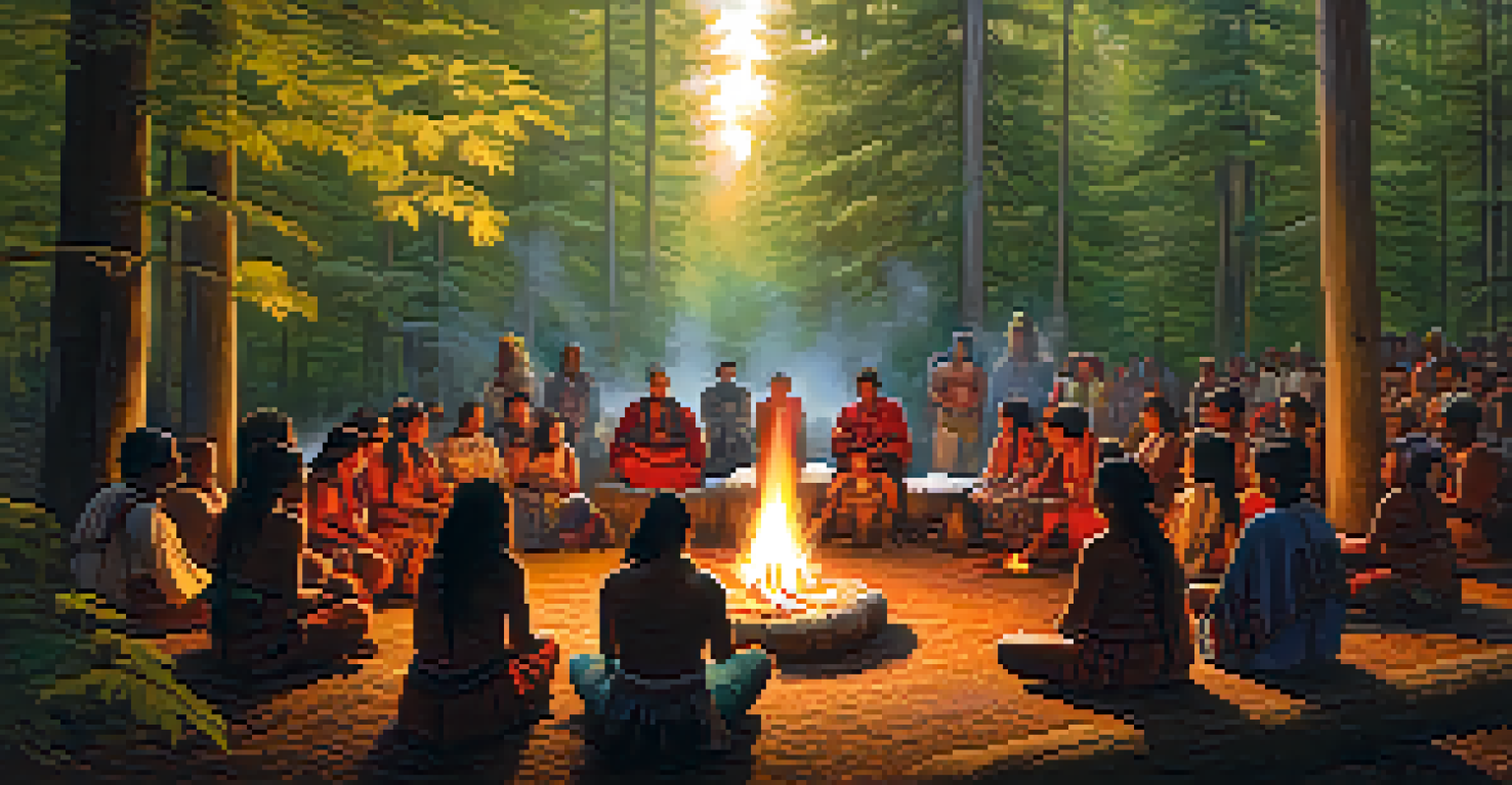 An indigenous ceremony in a forest with participants seated around a fire, surrounded by nature.