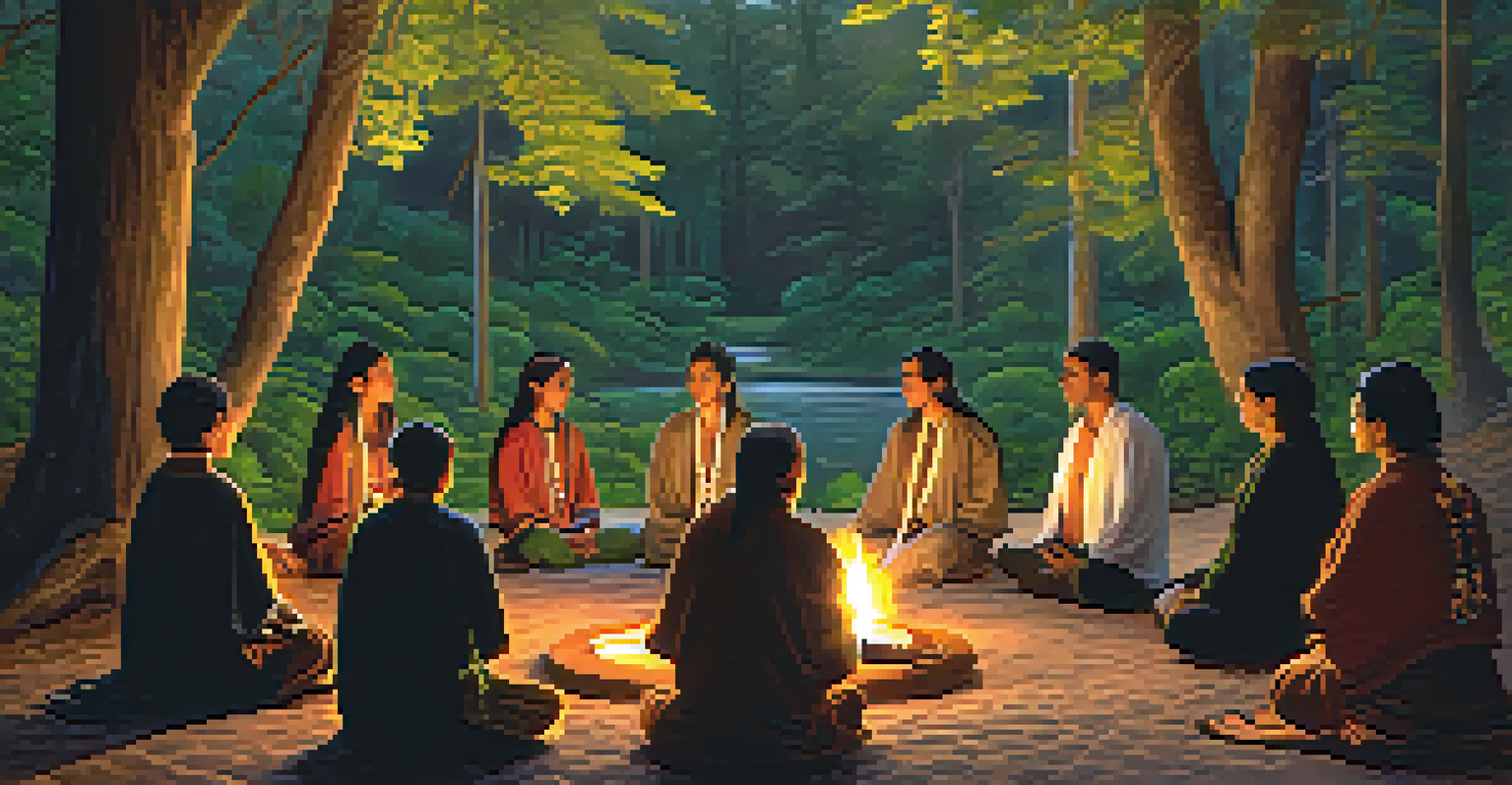 A sacred peyote ceremony in nature, with participants sitting in a circle and surrounded by trees, candles casting a warm glow.