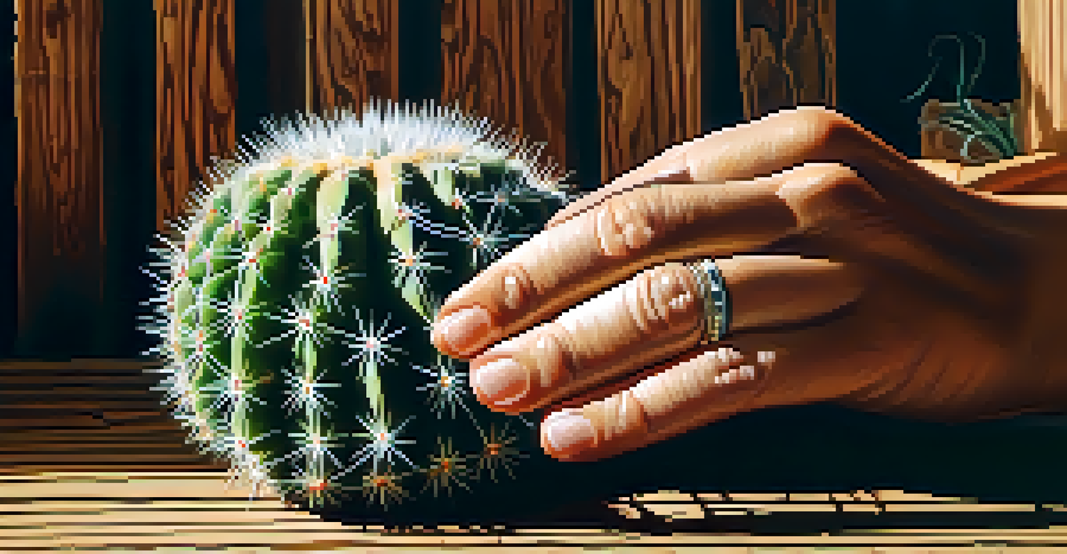 A close-up of a hand holding a peyote cactus, highlighting its unique texture and shape.