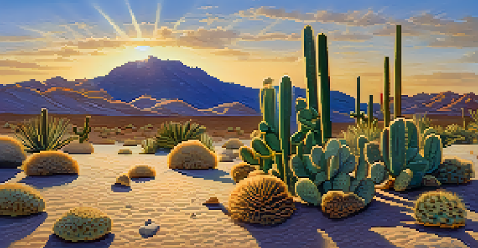 A desert landscape with a small peyote cactus in the foreground, set against a vibrant blue sky and a golden sunset.