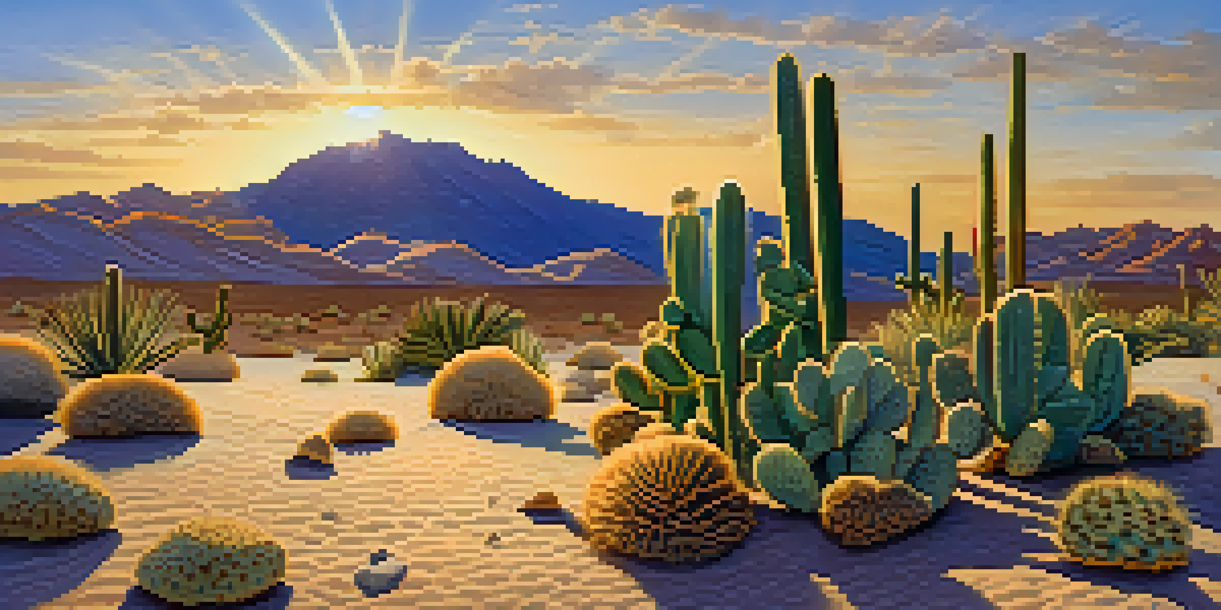 A desert landscape with a small peyote cactus in the foreground, set against a vibrant blue sky and a golden sunset.