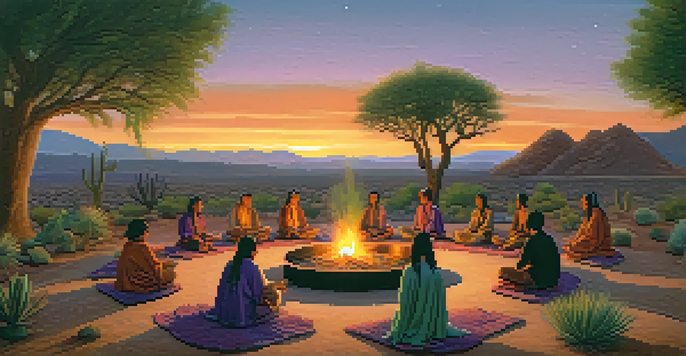 A peaceful Peyote ceremony with participants sitting in a circle around a fire in a natural setting, illuminated by the warm glow of the flames against a twilight sky.