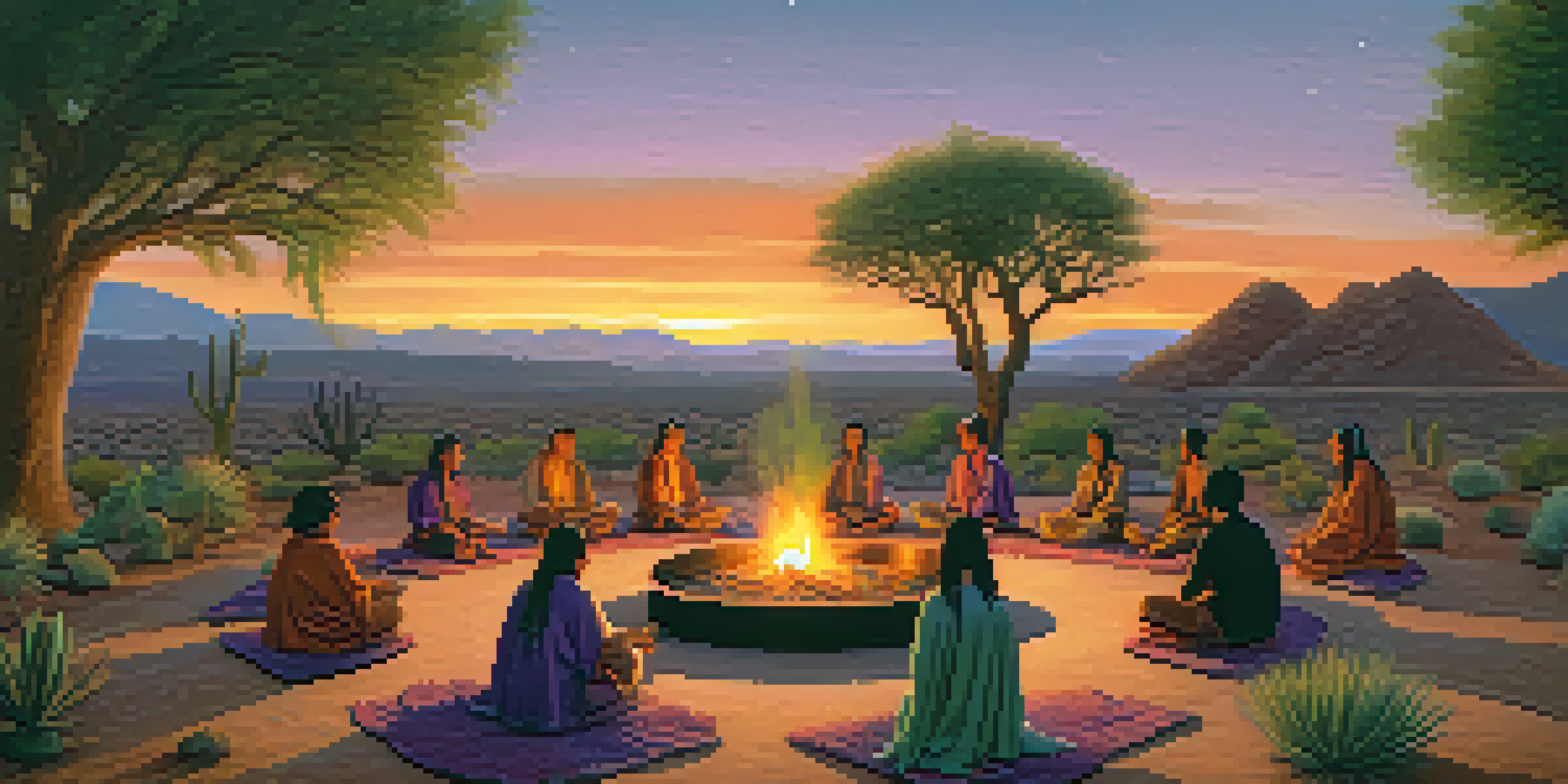 A peaceful Peyote ceremony with participants sitting in a circle around a fire in a natural setting, illuminated by the warm glow of the flames against a twilight sky.