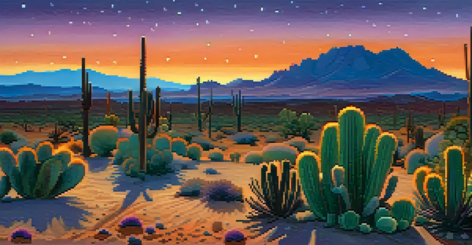 A peaceful desert landscape at sunset with peyote cacti in the foreground and mountains in the background.