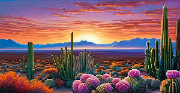 A desert landscape with Peyote cacti at sunset, showcasing beautiful colors in the sky and the unique textures of the cacti.