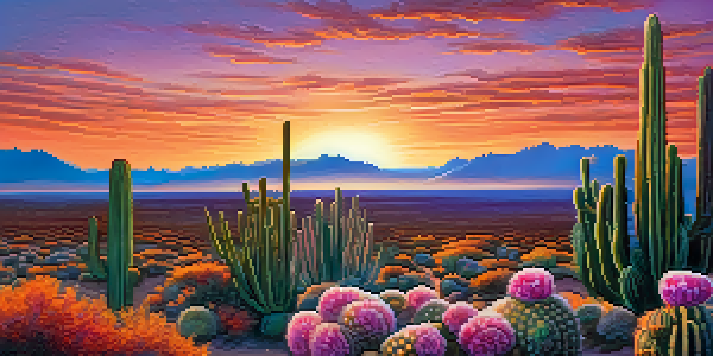 A desert landscape with Peyote cacti at sunset, showcasing beautiful colors in the sky and the unique textures of the cacti.