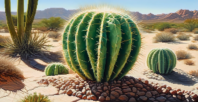 A close-up view of a peyote cactus in a desert setting, showcasing its textures and colors under sunlight.