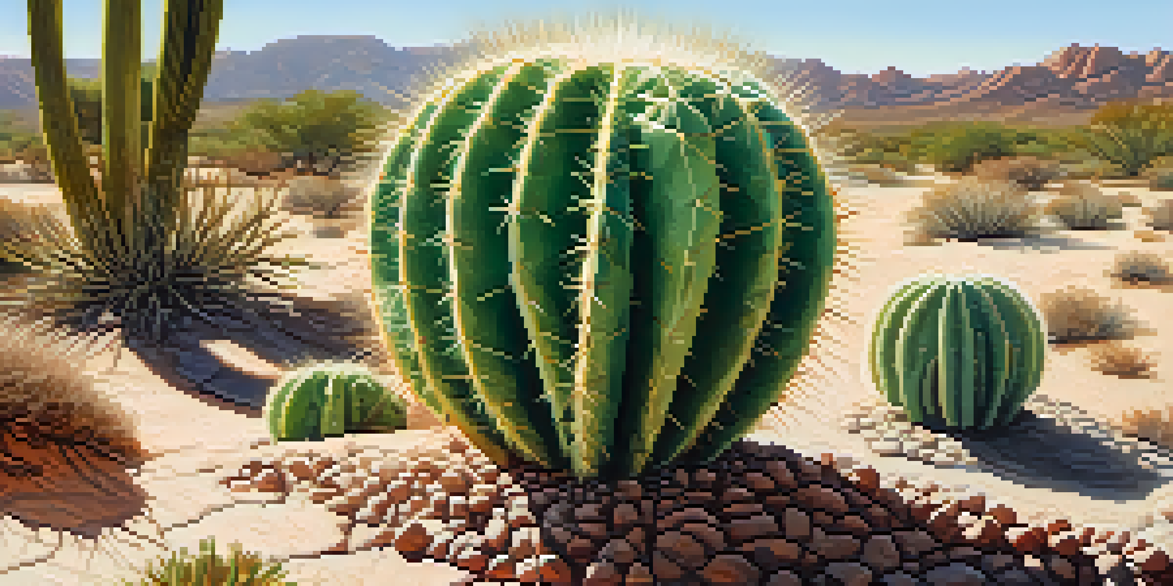 A close-up view of a peyote cactus in a desert setting, showcasing its textures and colors under sunlight.