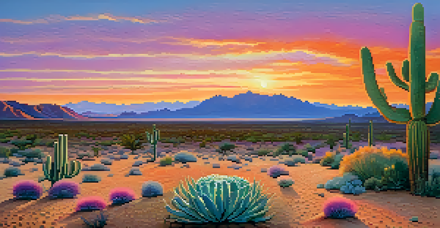 A peaceful desert scene featuring a small peyote cactus at sunset, with colorful skies and distant mountains.