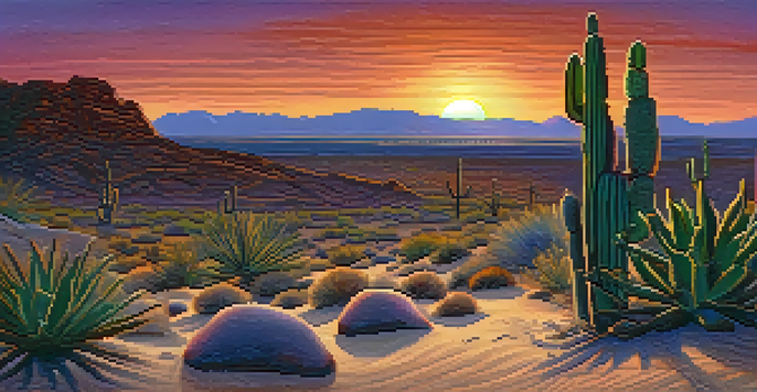 A tranquil desert scene at sunset with a small peyote cactus in the foreground, vibrant colors in the sky, and a starry backdrop.