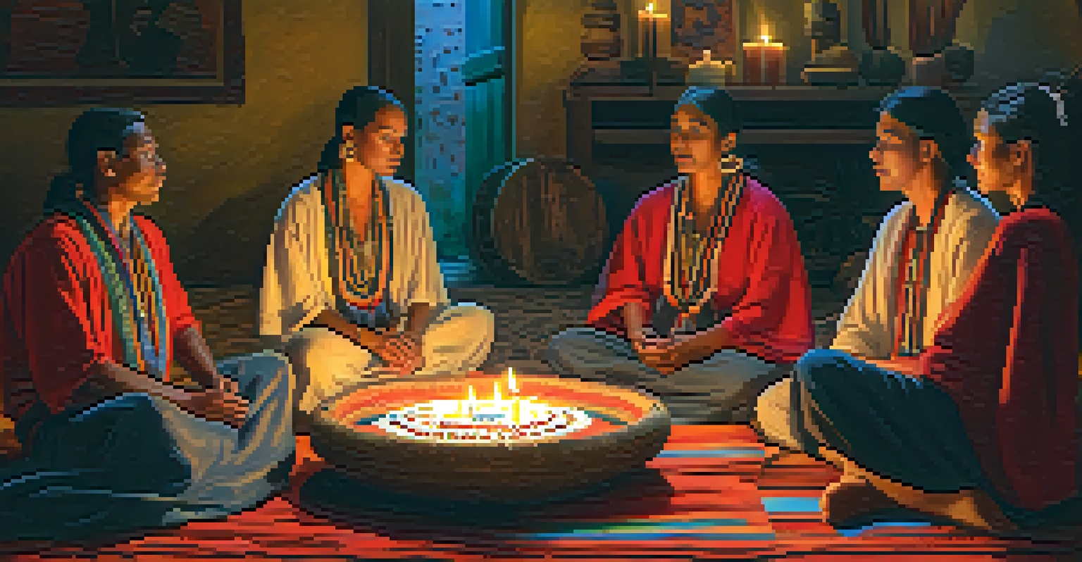 A warm indoor ceremony with participants sitting in a circle engaged in a peyote ritual.