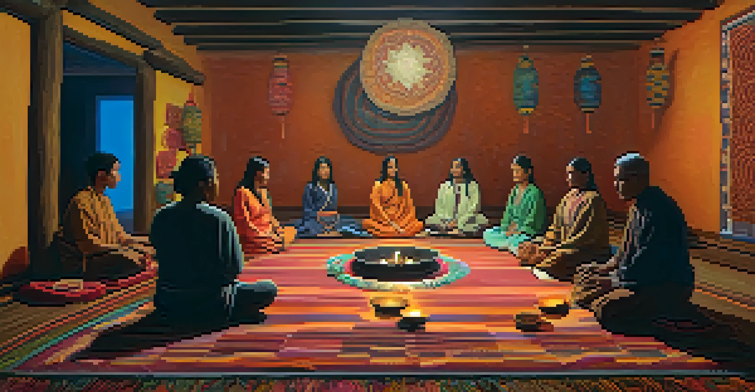 An indoor peyote ceremony with participants meditating on woven mats, surrounded by traditional artwork and flickering candles.