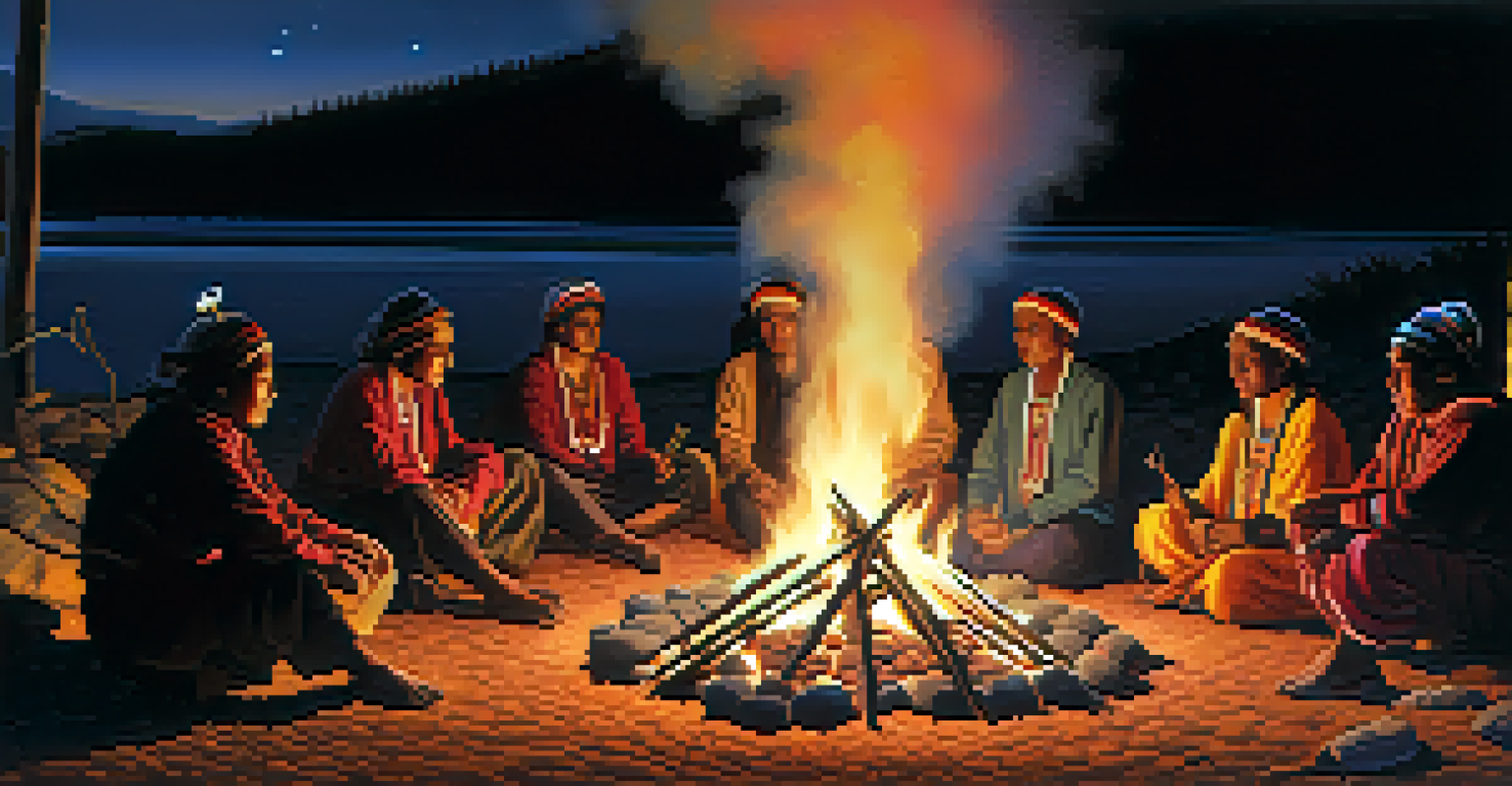 A group of Indigenous people gathered around a fire during a traditional ceremony at night.