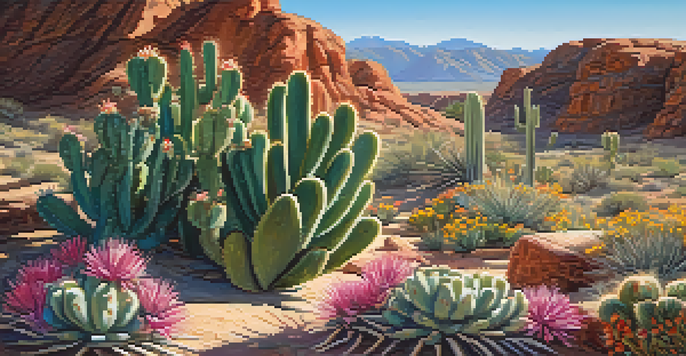 A small peyote cactus with colorful flowers in a sunny desert landscape.