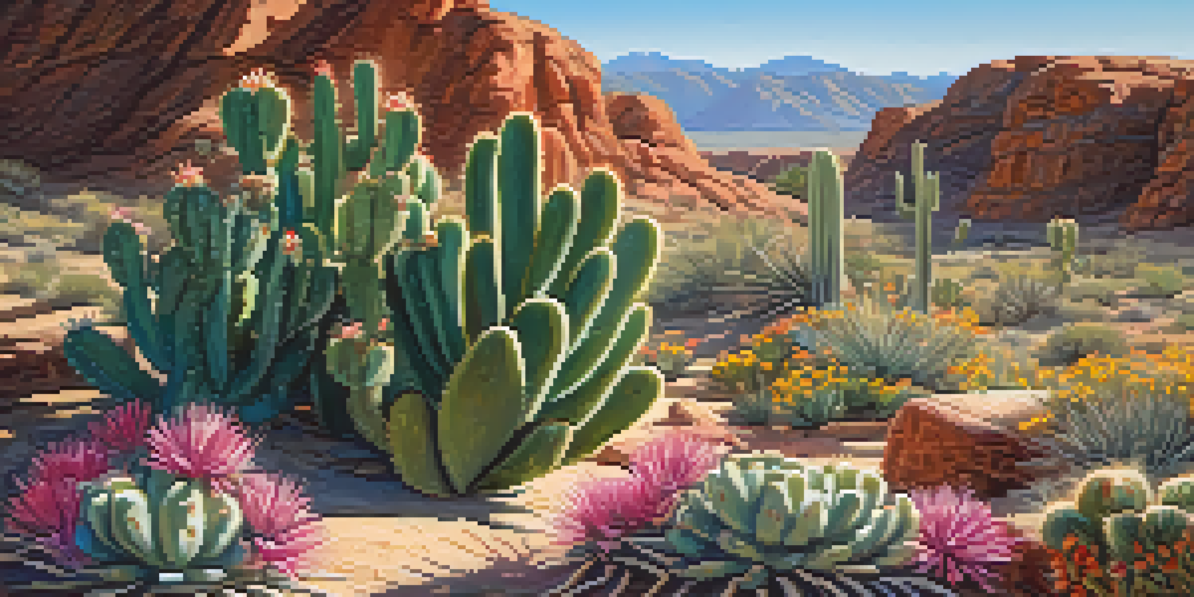 A small peyote cactus with colorful flowers in a sunny desert landscape.