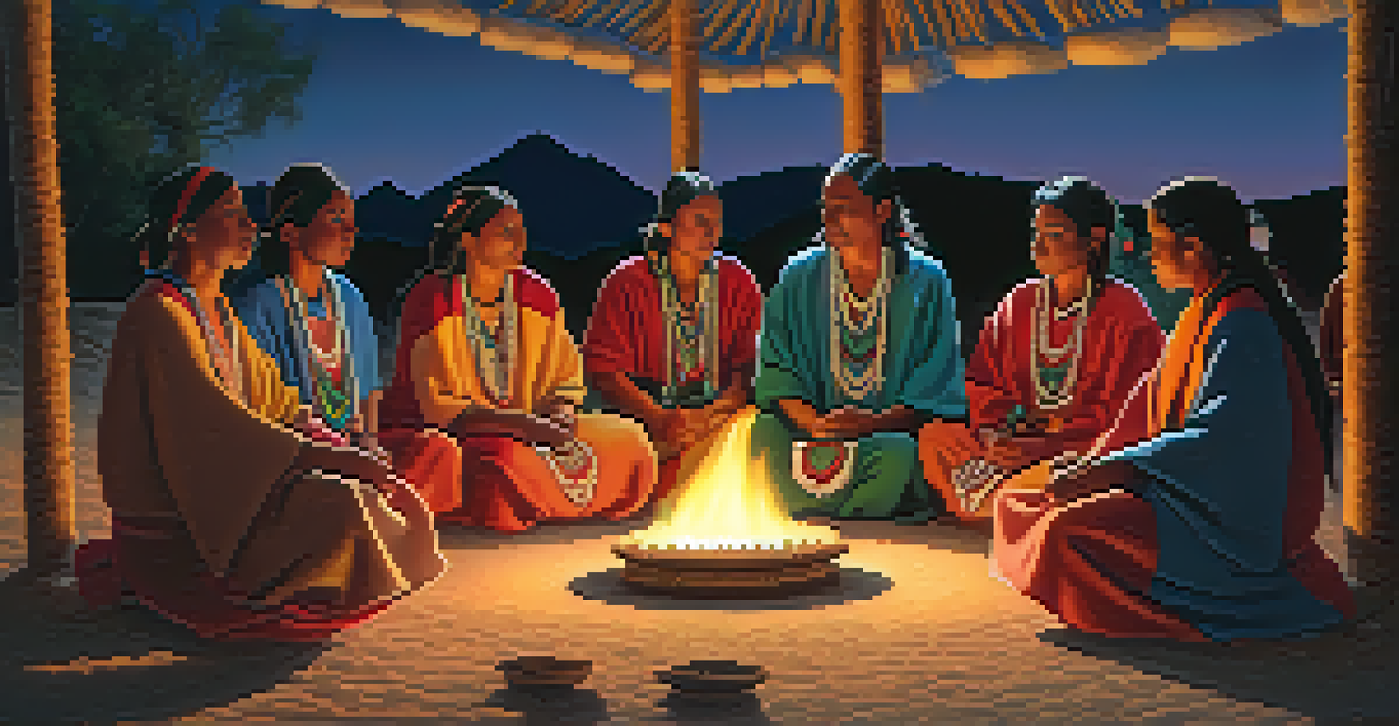 A spiritual ceremony with Indigenous people using Peyote, in a serene outdoor setting with twilight hues and a fire.