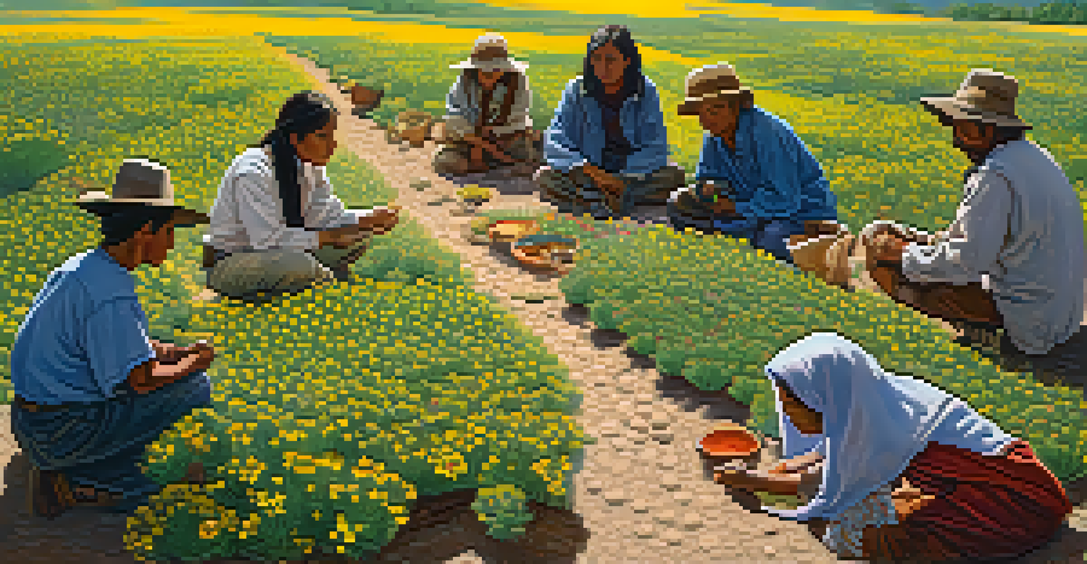 Participants harvesting peyote surrounded by colorful wildflowers, showcasing their connection to the land.