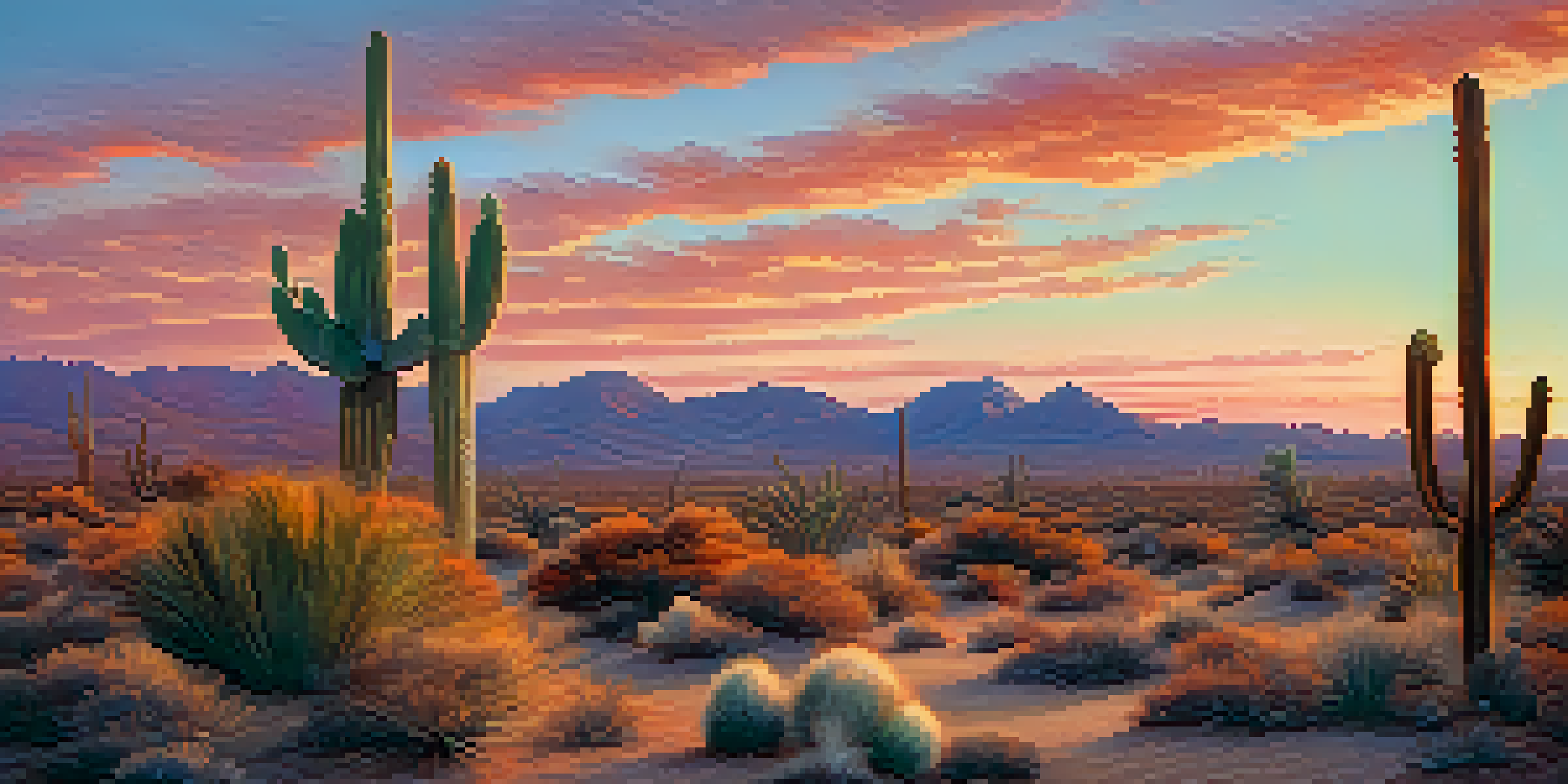 A vibrant peyote cactus in a desert landscape during sunset, with warm orange and pink hues in the sky.
