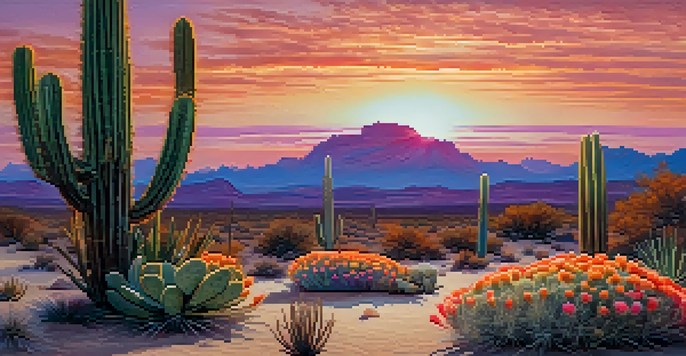 A peaceful desert scene with a peyote cactus at sunset, displaying bright colors in the sky and detailed textures of the cactus and sand.