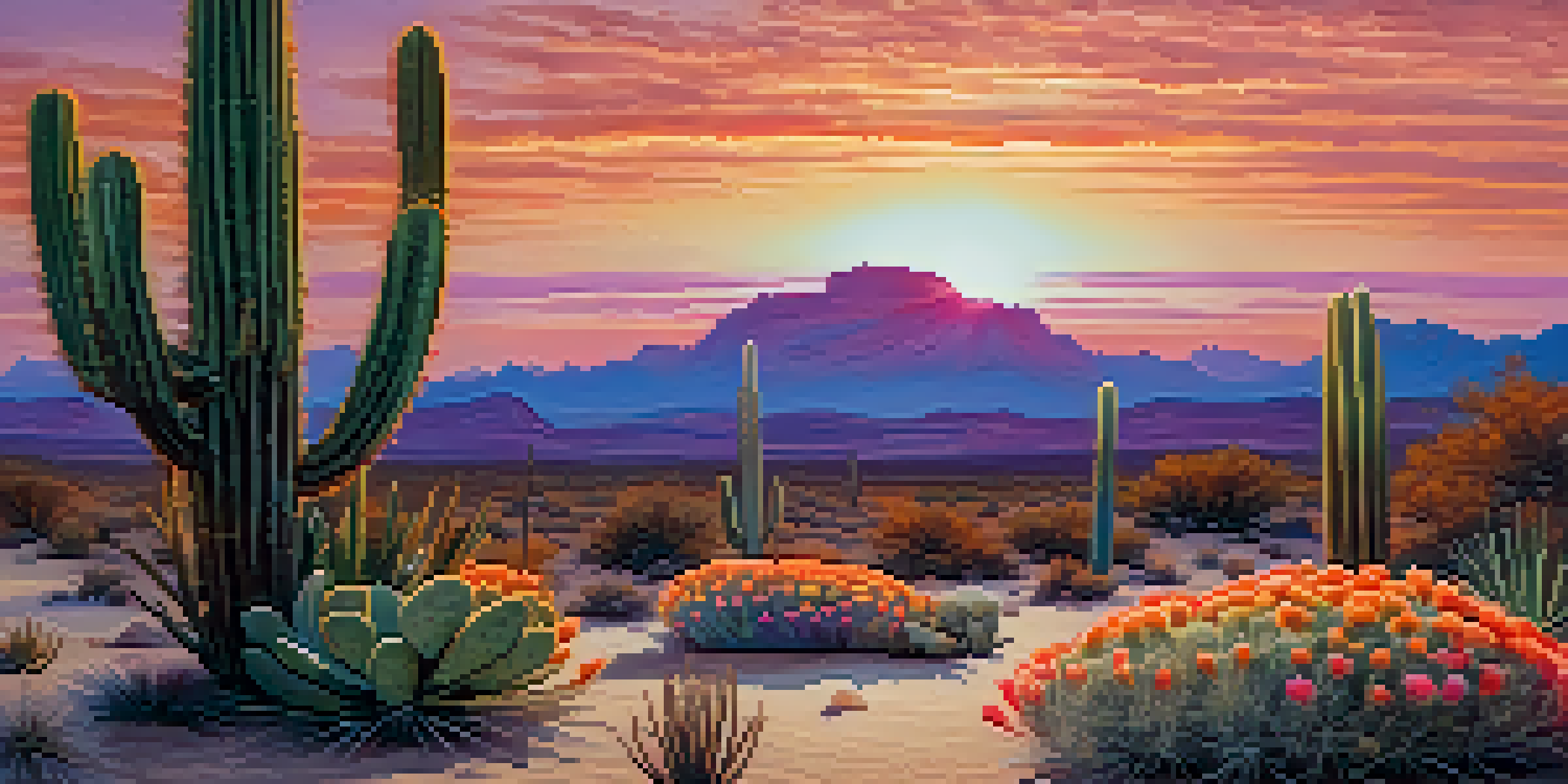 A peaceful desert scene with a peyote cactus at sunset, displaying bright colors in the sky and detailed textures of the cactus and sand.