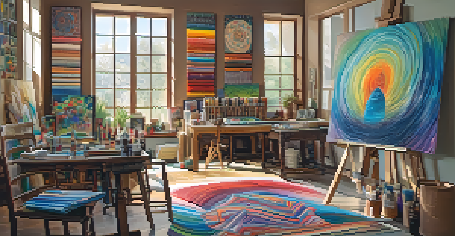 An artist's studio with colorful peyote-inspired paintings and an artist painting in the background.