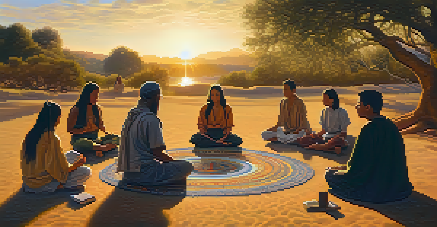 Participants in a Peyote ritual reflecting and journaling in a natural setting during sunset, creating a serene and contemplative atmosphere.