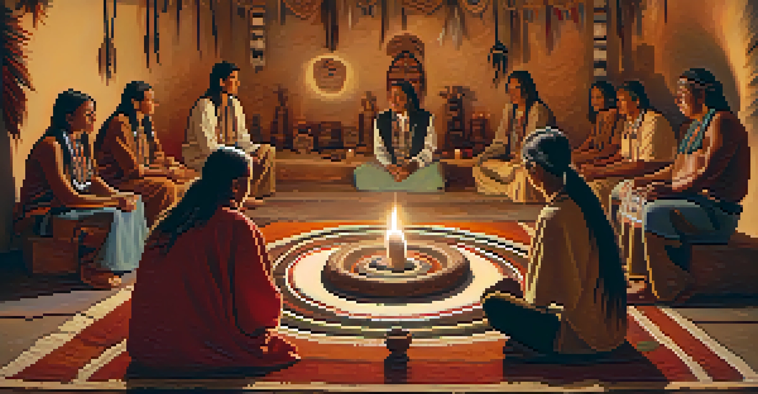 A ceremonial gathering of Native Americans with a peyote cactus at the center, surrounded by drums and candles in a warm-lit atmosphere.