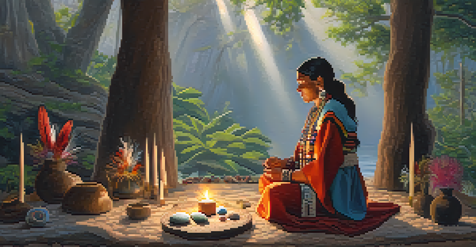 An indigenous healer leading a peyote ceremony in a tranquil setting with an altar and soft ambient light.