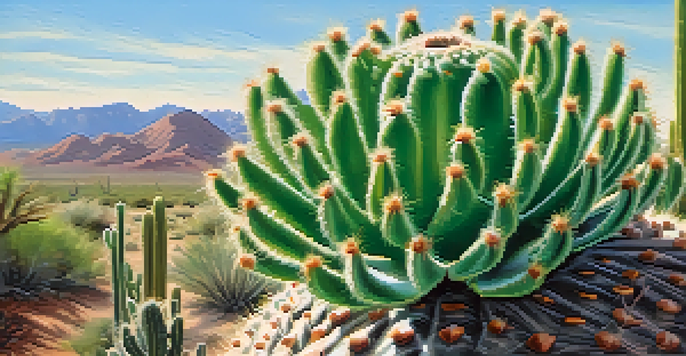 A detailed close-up of a peyote cactus surrounded by a soft-focus desert landscape under warm sunlight.
