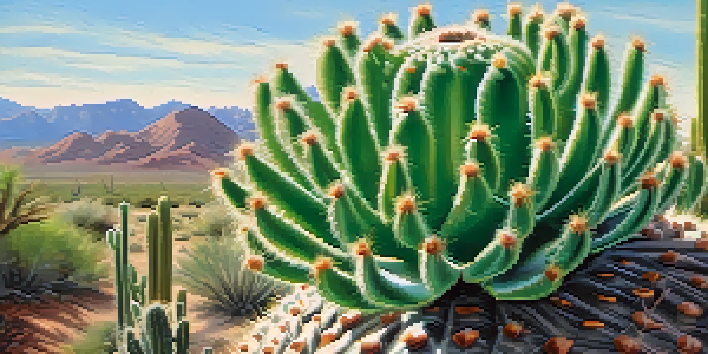 A detailed close-up of a peyote cactus surrounded by a soft-focus desert landscape under warm sunlight.