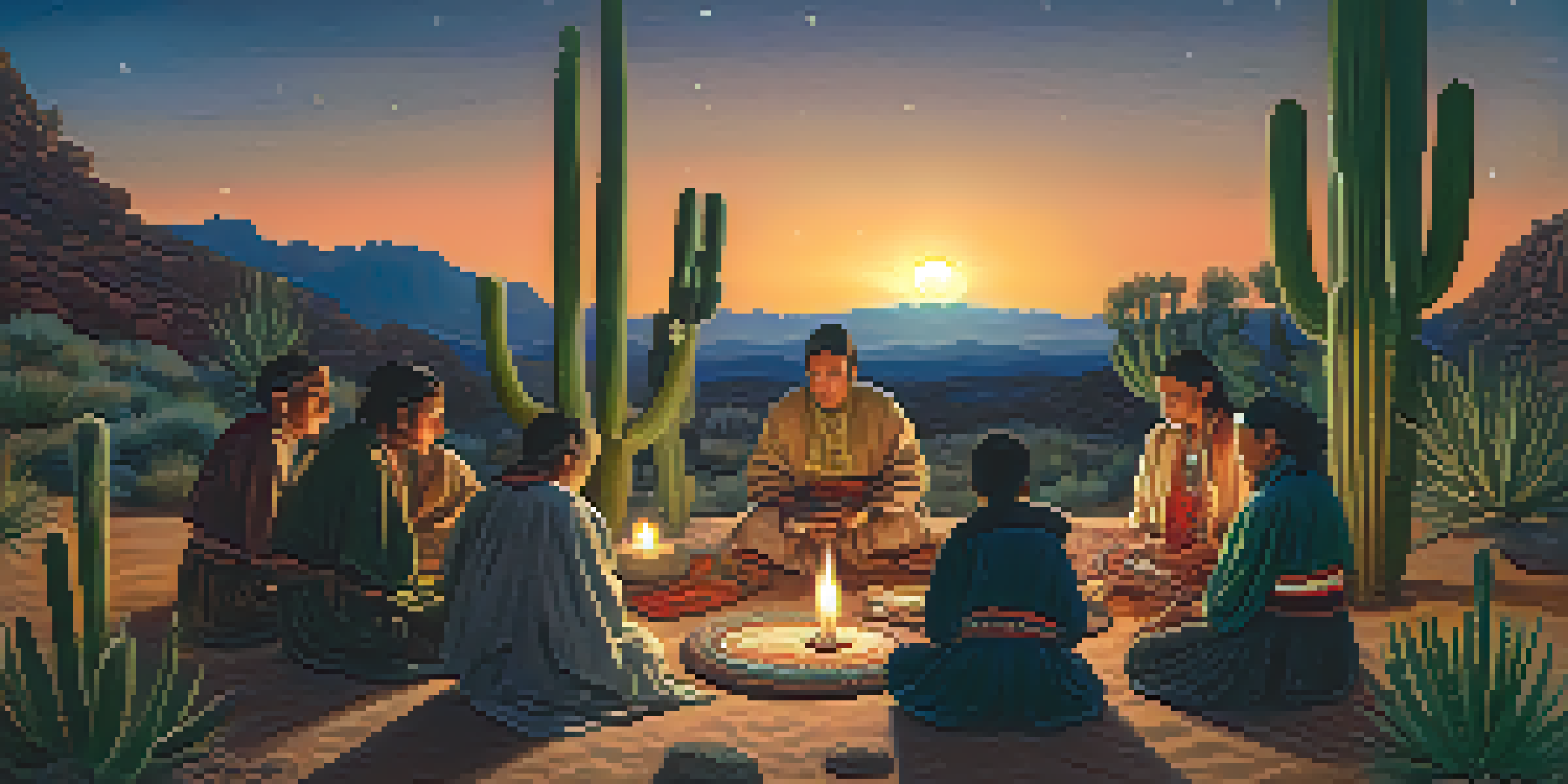 A peaceful gathering of people in traditional attire participating in a spiritual ceremony under the night sky, surrounded by cacti and soft candlelight.