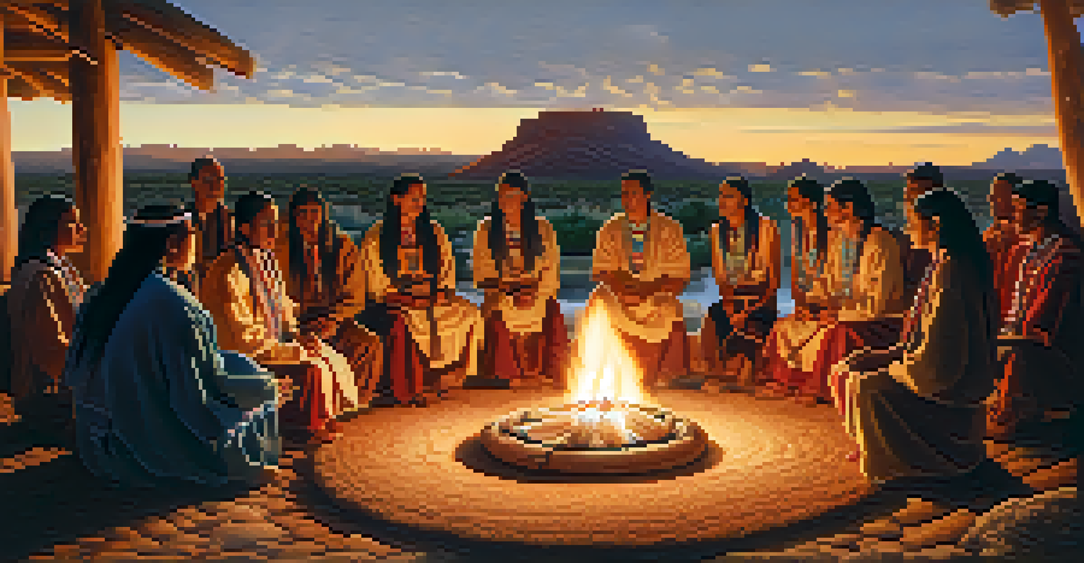 A group of participants in a peyote ceremony, sitting in a circle around a fire, with warm light and traditional attire.