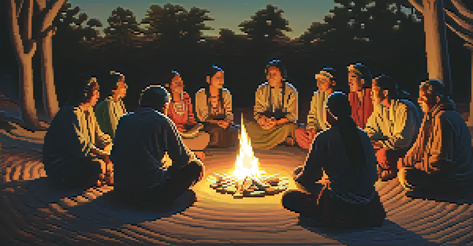 A traditional peyote ceremony with indigenous people sitting in a circle around a fire, sharing stories and insights.