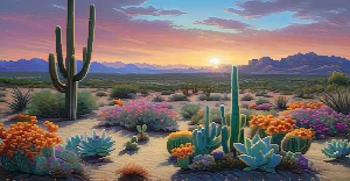 A peaceful desert scene with peyote cacti and colorful wildflowers under a sunset sky.