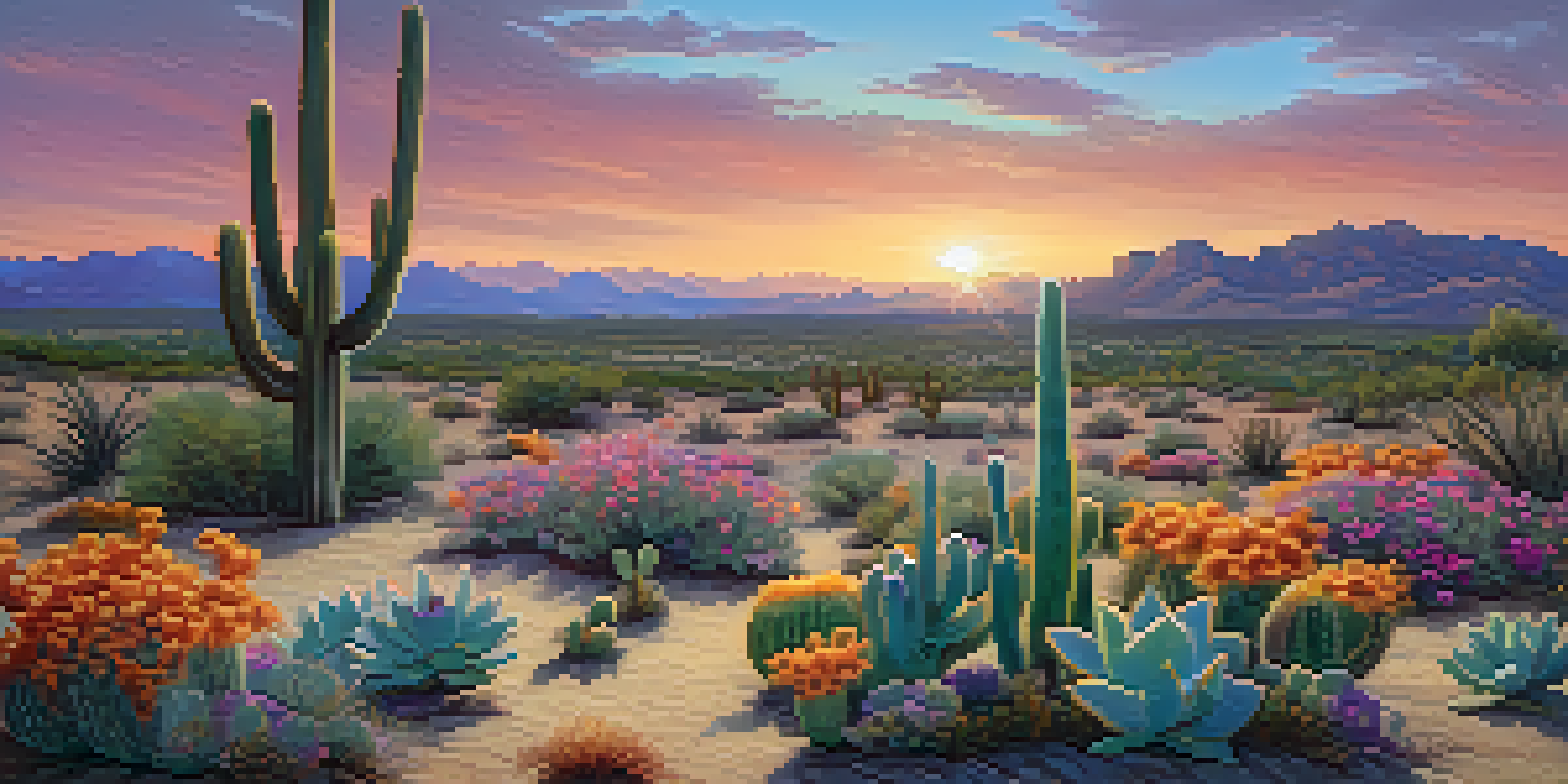 A peaceful desert scene with peyote cacti and colorful wildflowers under a sunset sky.