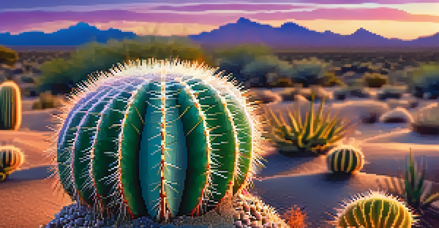 A close-up image of a peyote cactus with dewdrops, set against a blurred desert landscape at dawn.