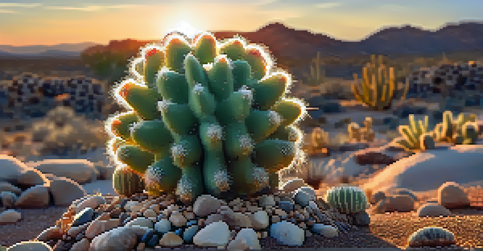 A detailed close-up of a peyote cactus, highlighting its texture and shape, with a background of a warm sunset sky.