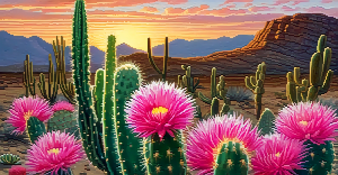 A blooming peyote cactus in a desert during sunset, with pink flowers and a golden light.