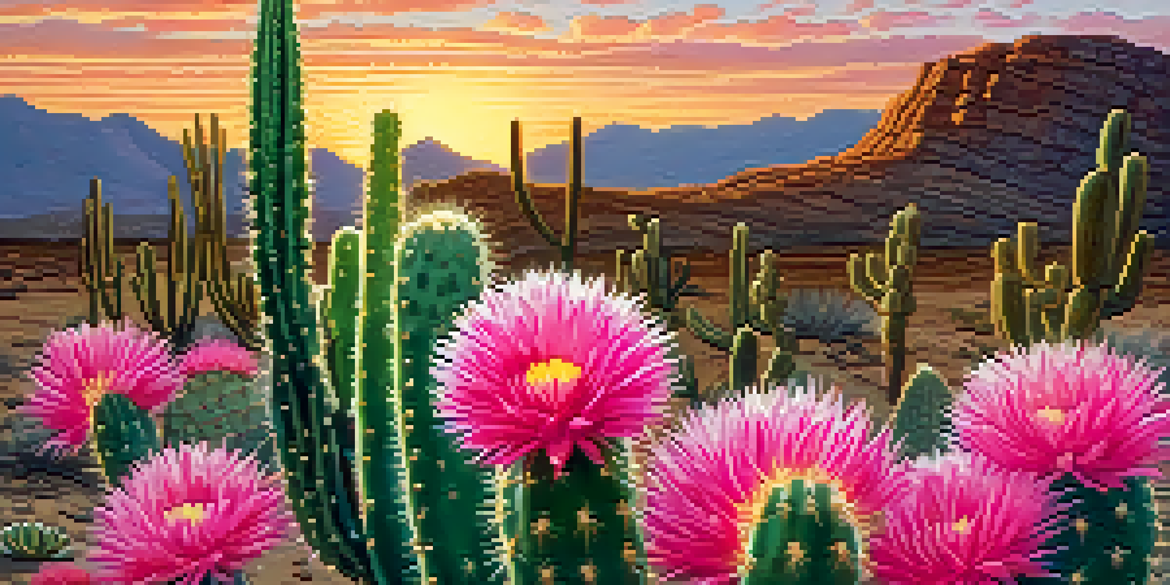 A blooming peyote cactus in a desert during sunset, with pink flowers and a golden light.