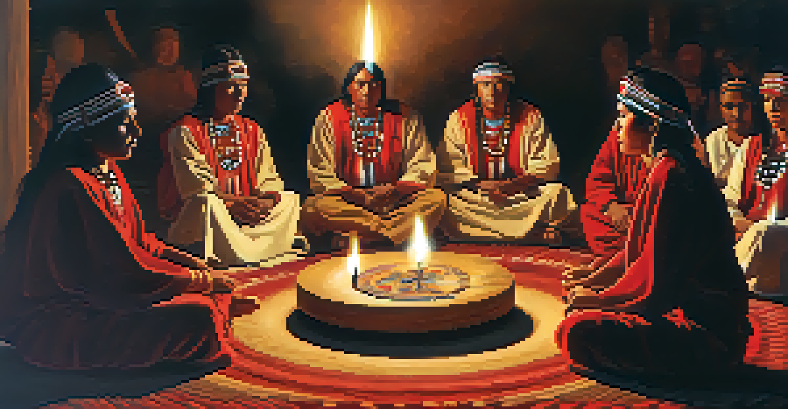 Participants in a Native American peyote ceremony illuminated by candlelight, surrounded by traditional fabrics and instruments.