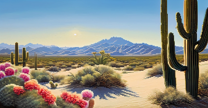 A vibrant Peyote cactus in a desert landscape with sand dunes and mountains in the background under a clear blue sky.