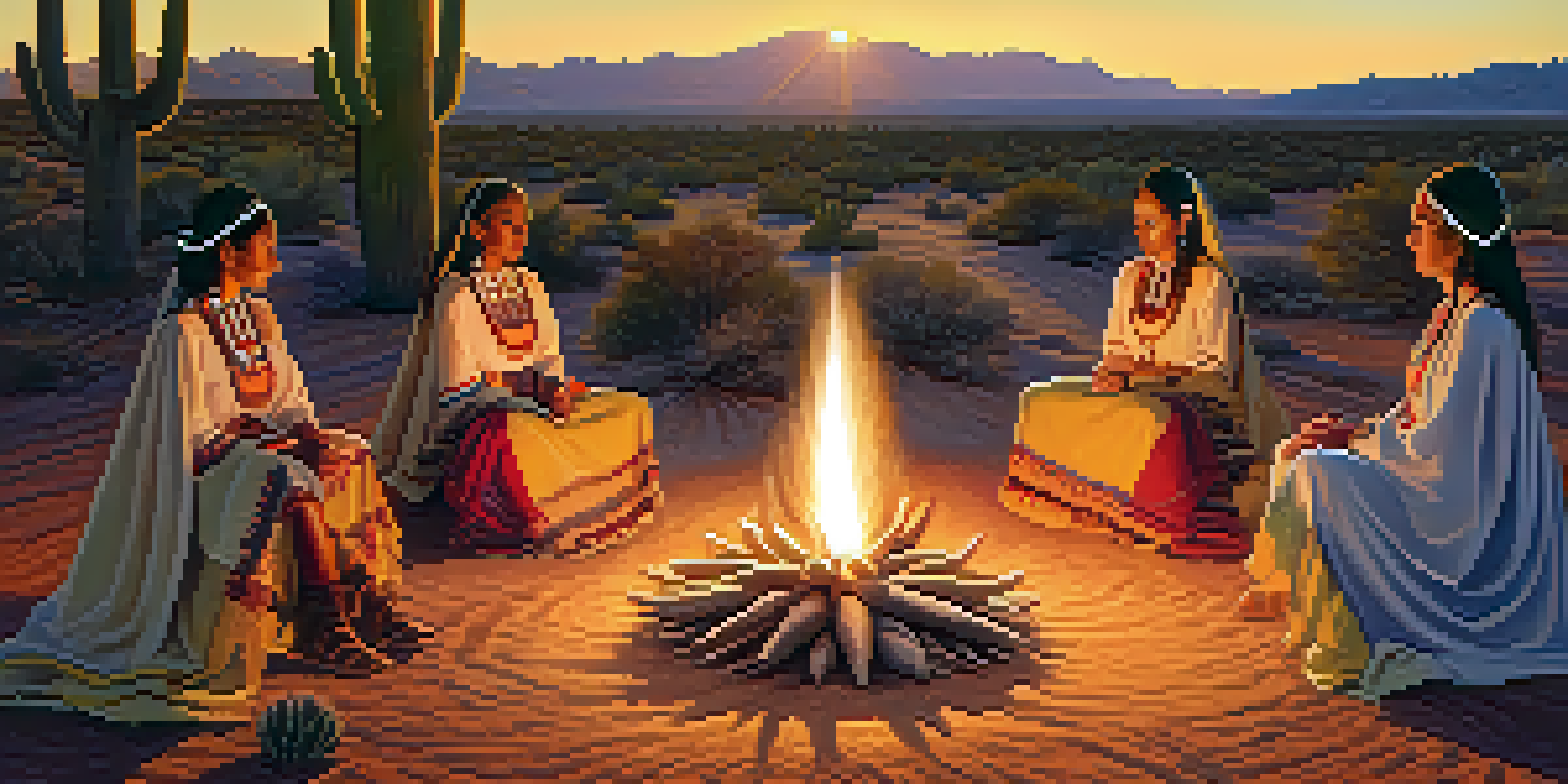 A group of diverse women in traditional attire gathered in a circle around a small fire during a peyote ceremony, with a warm sunset illuminating the scene.